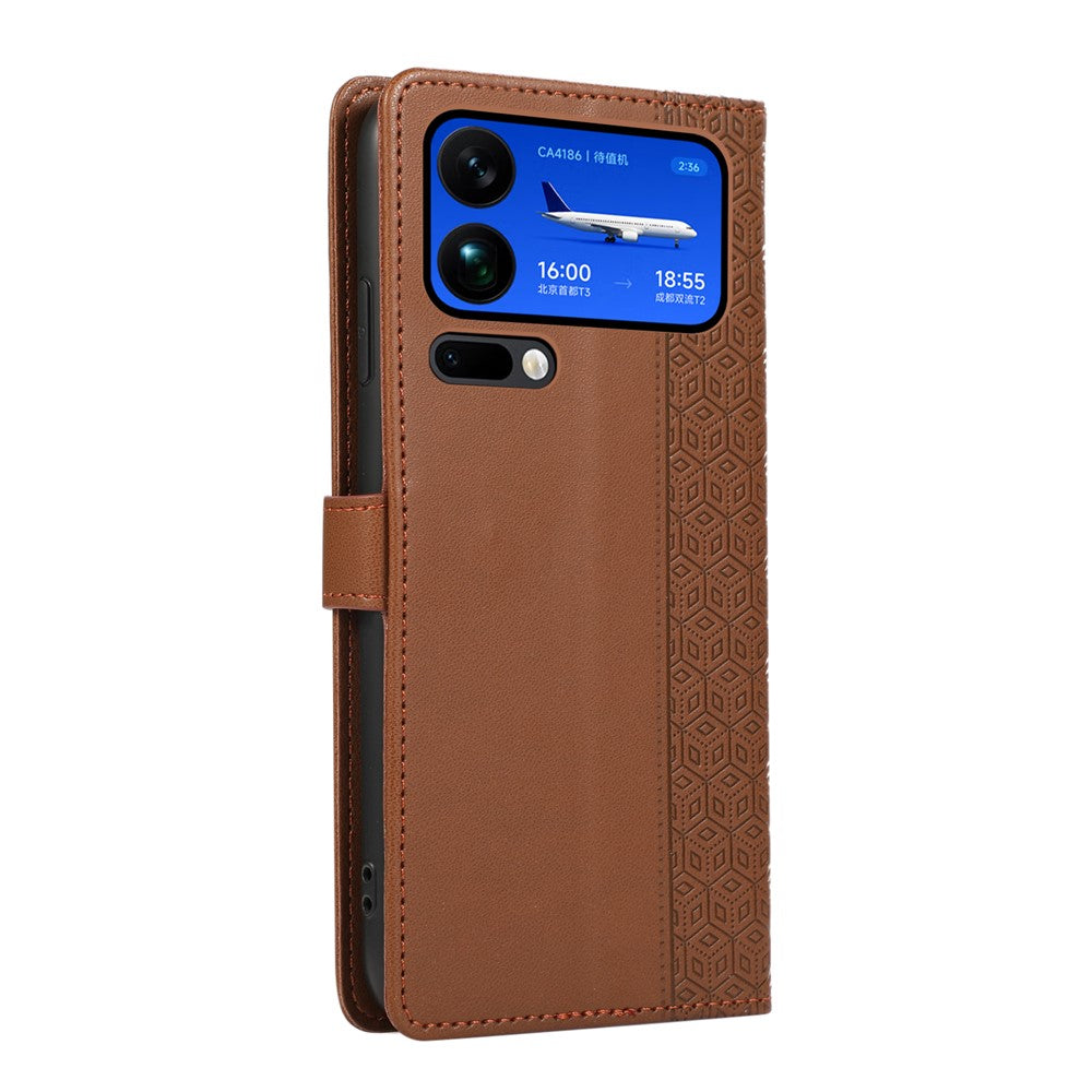 For Xiaomi 17 Pro Max Case Splicing Imprinted Rhombus Leather Cover with Wrist Strap - Brown