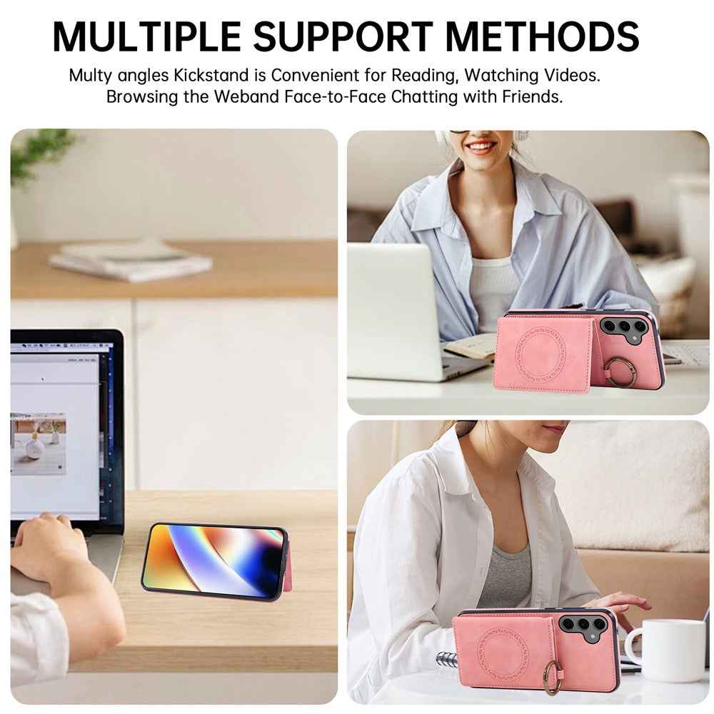 For Samsung Galaxy A57 5G Case Card Holder Kickstand Leather + TPU Phone Cover with Ring Holder - Rose Gold