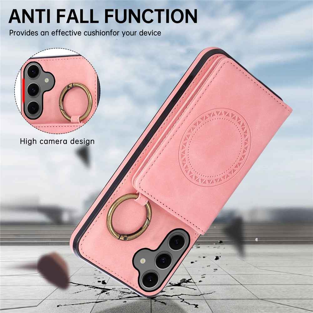 For Samsung Galaxy A57 5G Case Card Holder Kickstand Leather + TPU Phone Cover with Ring Holder - Rose Gold