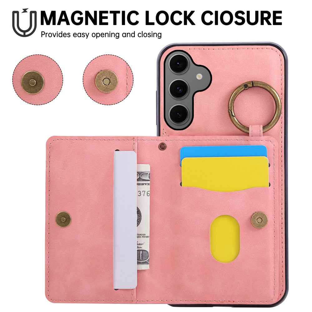 For Samsung Galaxy A57 5G Case Card Holder Kickstand Leather + TPU Phone Cover with Ring Holder - Rose Gold