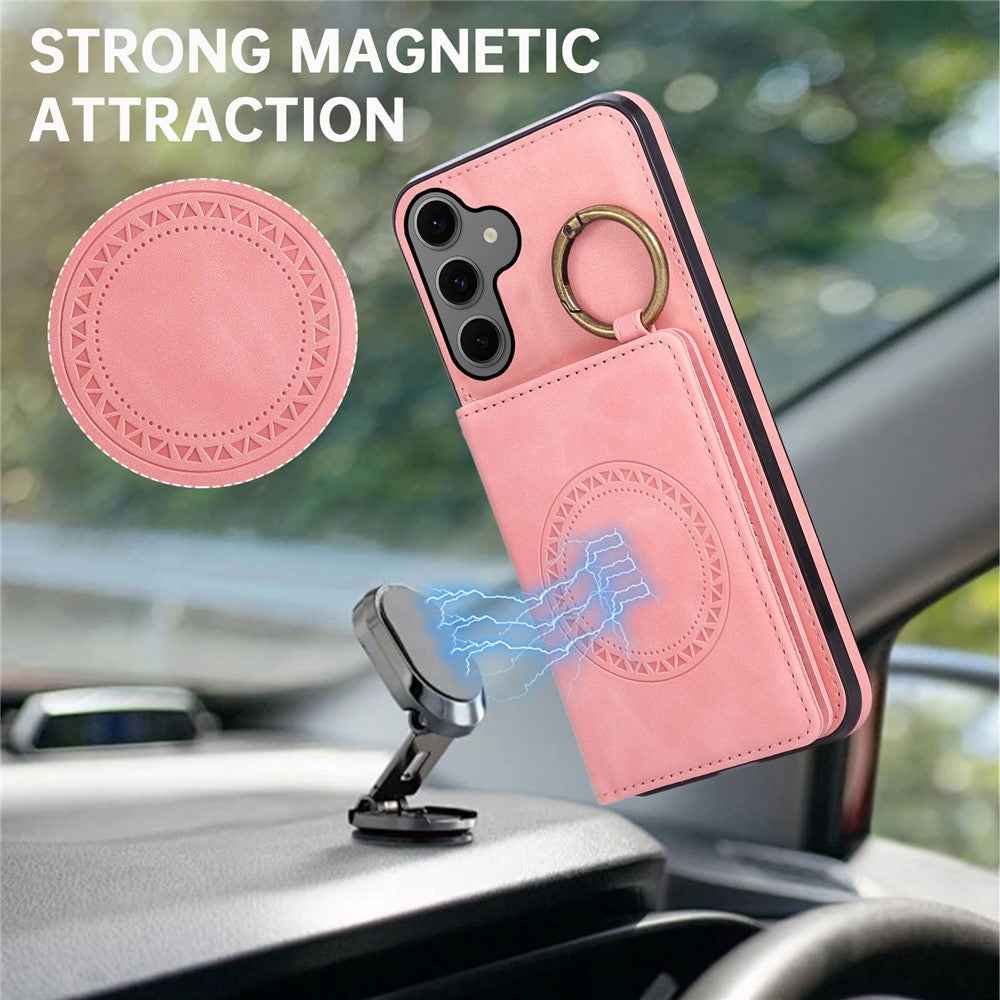 For Samsung Galaxy A57 5G Case Card Holder Kickstand Leather + TPU Phone Cover with Ring Holder - Rose Gold
