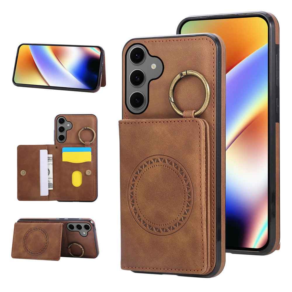 For Samsung Galaxy A57 5G Case Card Holder Kickstand Leather + TPU Phone Cover with Ring Holder - Brown