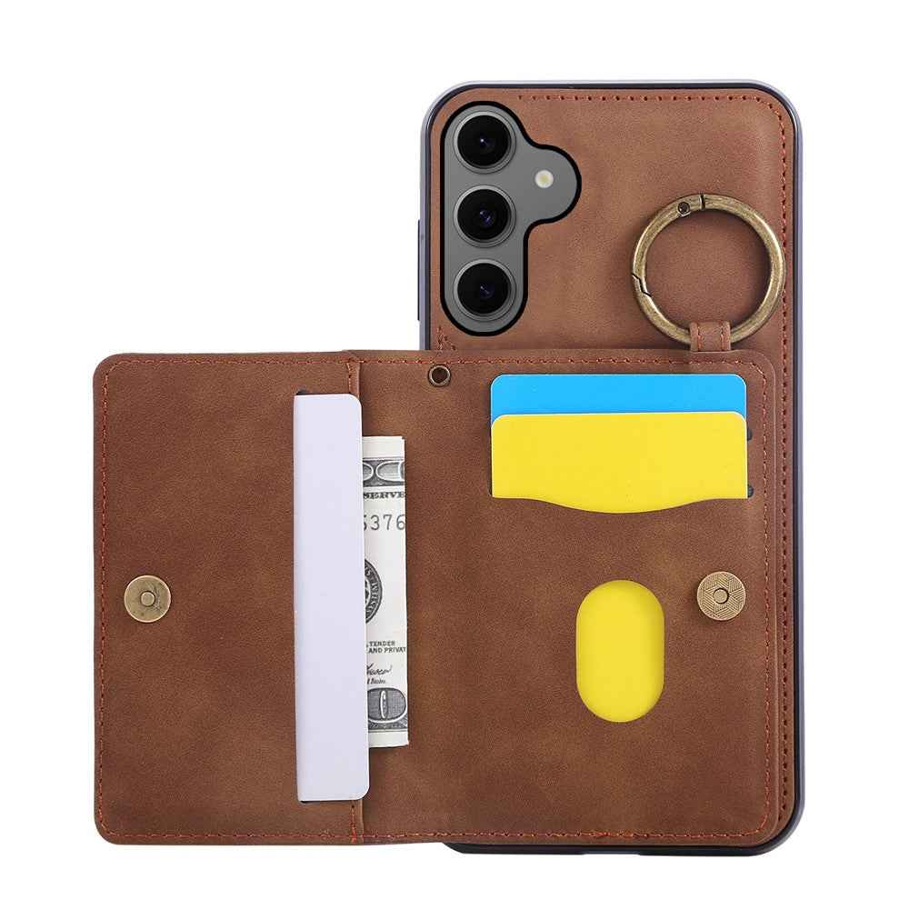 For Samsung Galaxy A57 5G Case Card Holder Kickstand Leather + TPU Phone Cover with Ring Holder - Brown