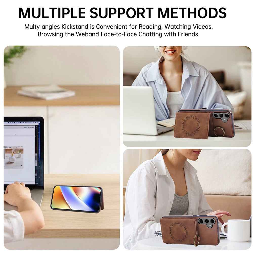 For Samsung Galaxy A57 5G Case Card Holder Kickstand Leather + TPU Phone Cover with Ring Holder - Brown