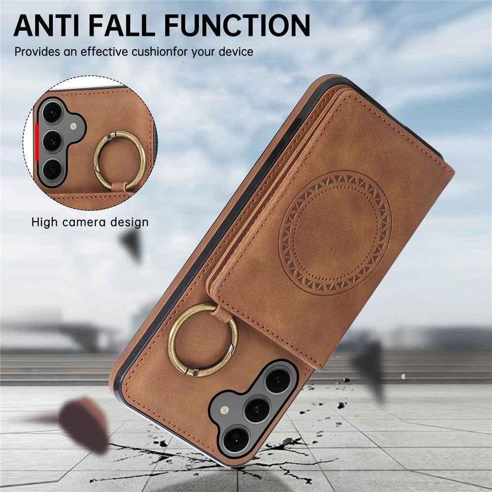 For Samsung Galaxy A57 5G Case Card Holder Kickstand Leather + TPU Phone Cover with Ring Holder - Brown