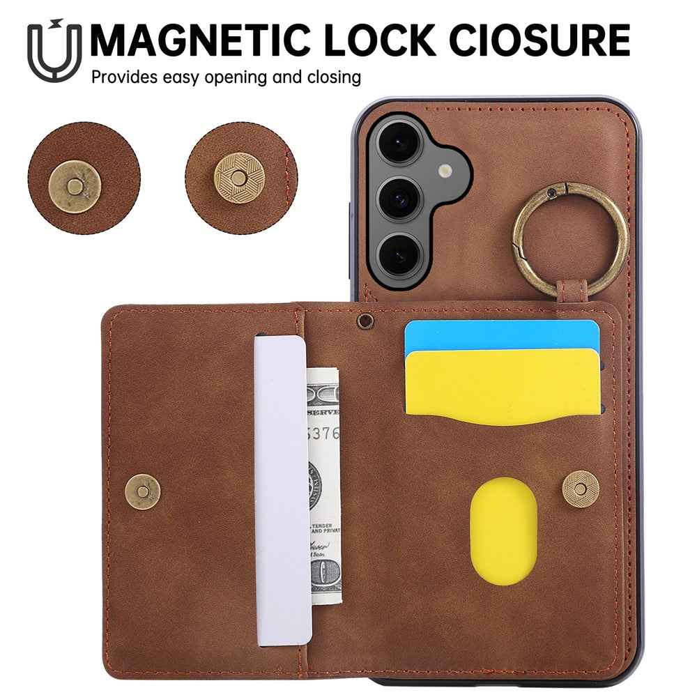 For Samsung Galaxy A57 5G Case Card Holder Kickstand Leather + TPU Phone Cover with Ring Holder - Brown