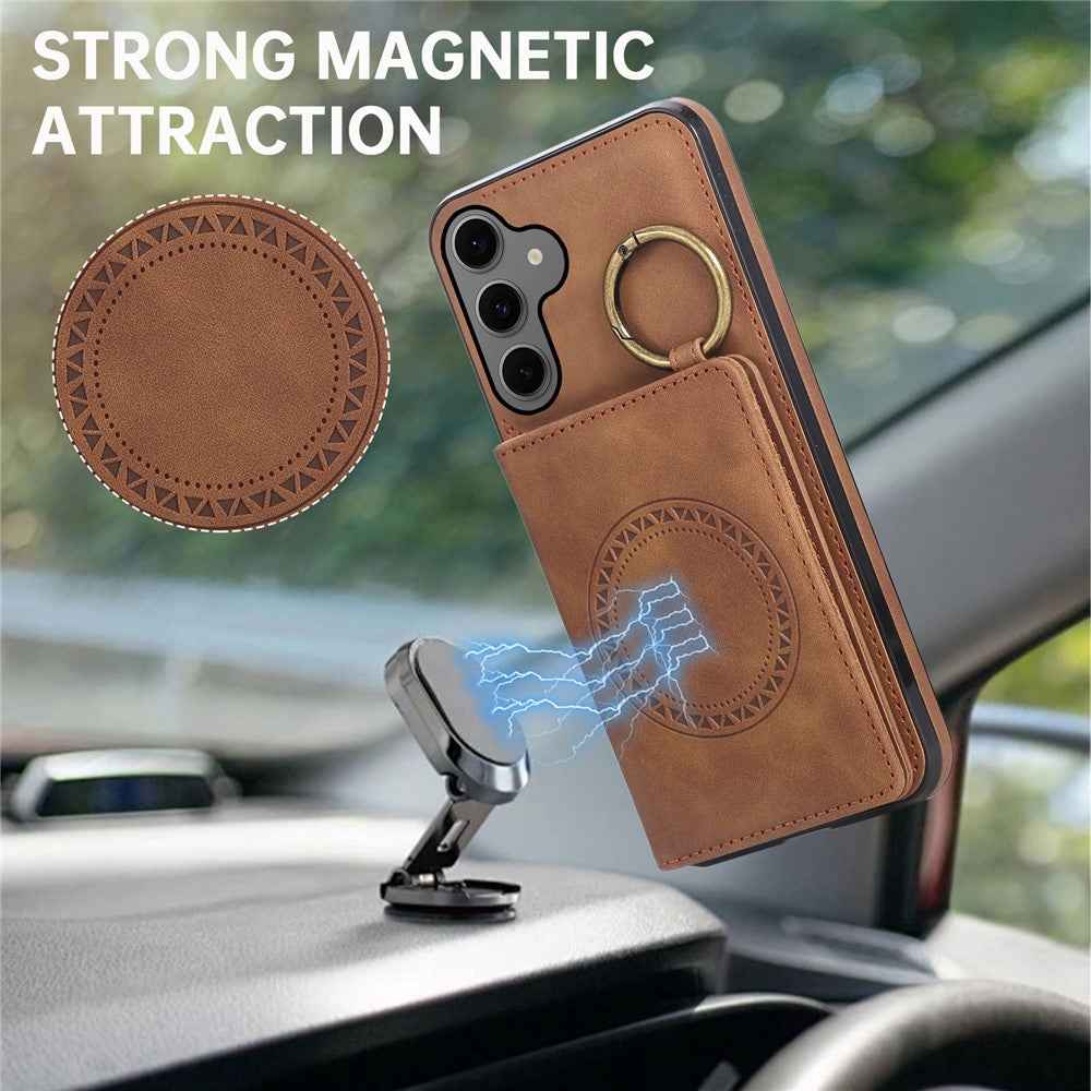For Samsung Galaxy A57 5G Case Card Holder Kickstand Leather + TPU Phone Cover with Ring Holder - Brown