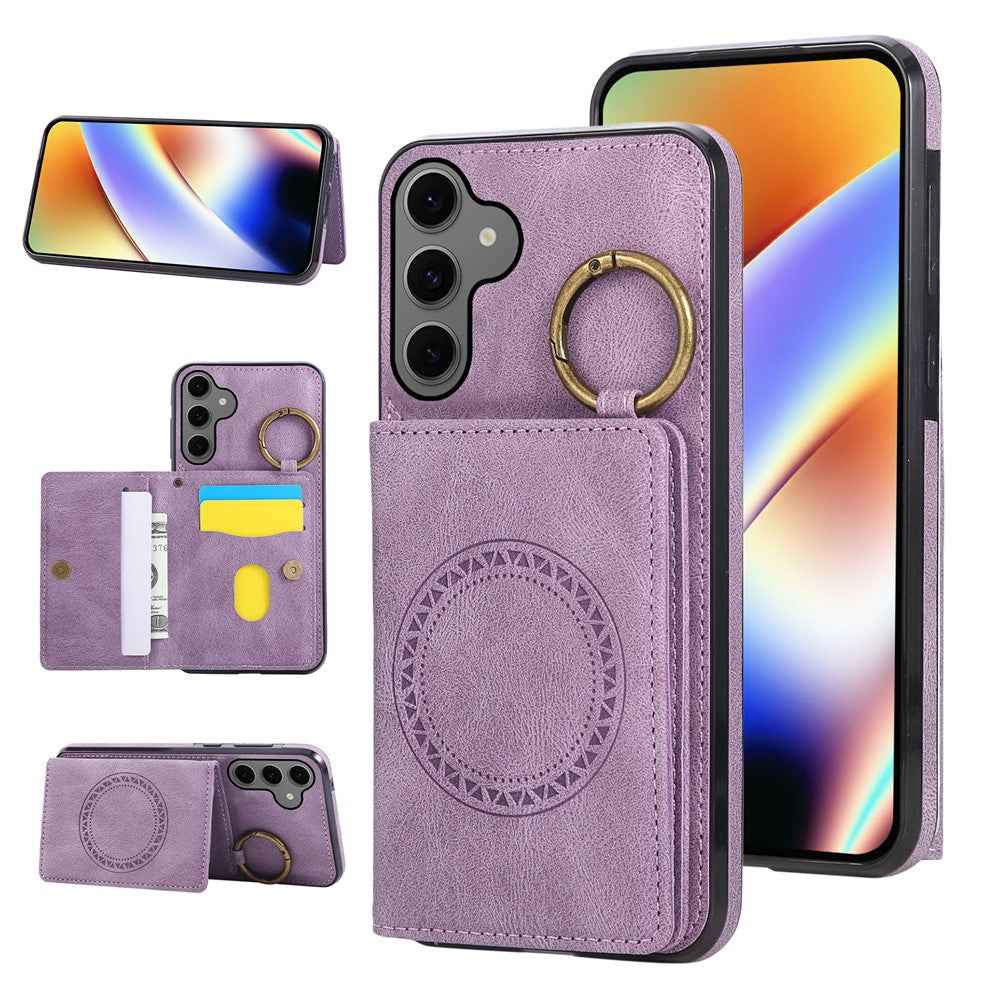 For Samsung Galaxy A57 5G Case Card Holder Kickstand Leather + TPU Phone Cover with Ring Holder - Purple