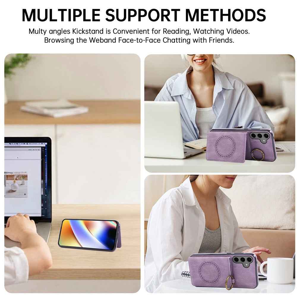 For Samsung Galaxy A57 5G Case Card Holder Kickstand Leather + TPU Phone Cover with Ring Holder - Purple
