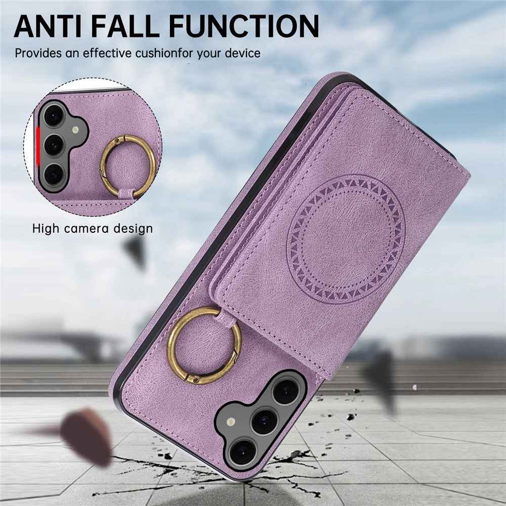 For Samsung Galaxy A57 5G Case Card Holder Kickstand Leather + TPU Phone Cover with Ring Holder - Purple