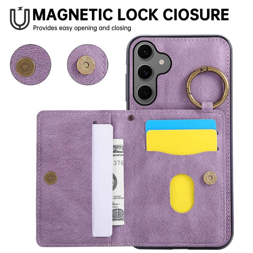For Samsung Galaxy A57 5G Case Card Holder Kickstand Leather + TPU Phone Cover with Ring Holder - Purple