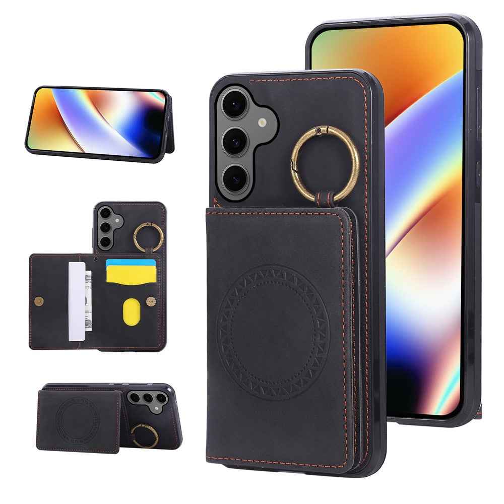 For Samsung Galaxy A57 5G Case Card Holder Kickstand Leather + TPU Phone Cover with Ring Holder - Black