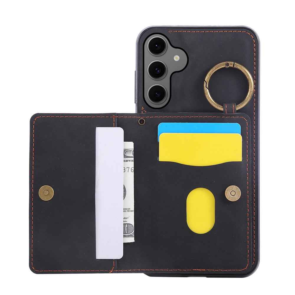 For Samsung Galaxy A57 5G Case Card Holder Kickstand Leather + TPU Phone Cover with Ring Holder - Black