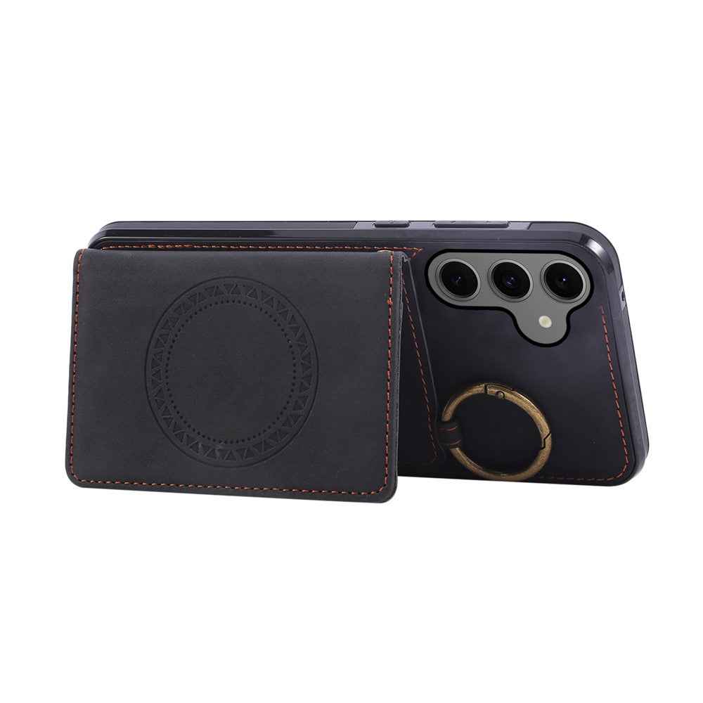 For Samsung Galaxy A57 5G Case Card Holder Kickstand Leather + TPU Phone Cover with Ring Holder - Black