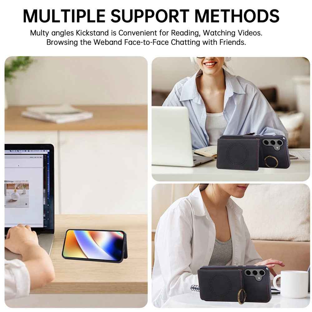 For Samsung Galaxy A57 5G Case Card Holder Kickstand Leather + TPU Phone Cover with Ring Holder - Black