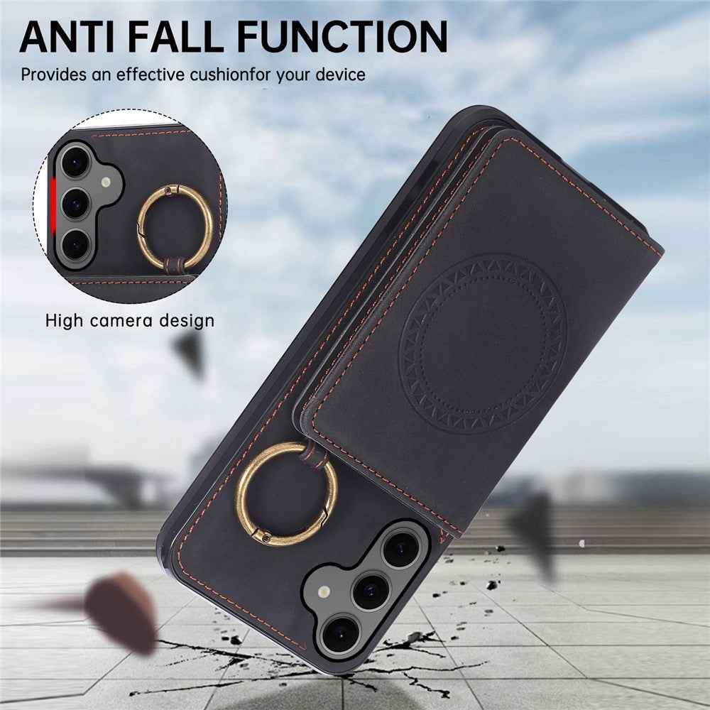 For Samsung Galaxy A57 5G Case Card Holder Kickstand Leather + TPU Phone Cover with Ring Holder - Black