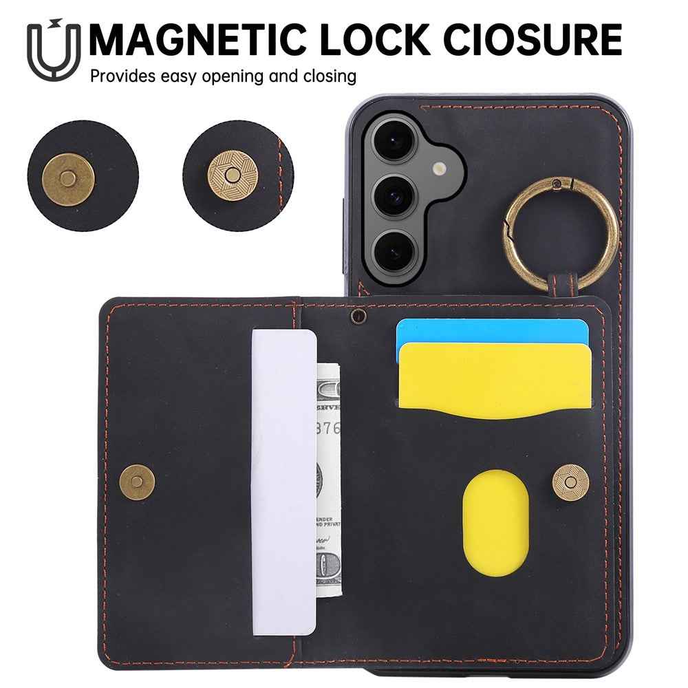 For Samsung Galaxy A57 5G Case Card Holder Kickstand Leather + TPU Phone Cover with Ring Holder - Black