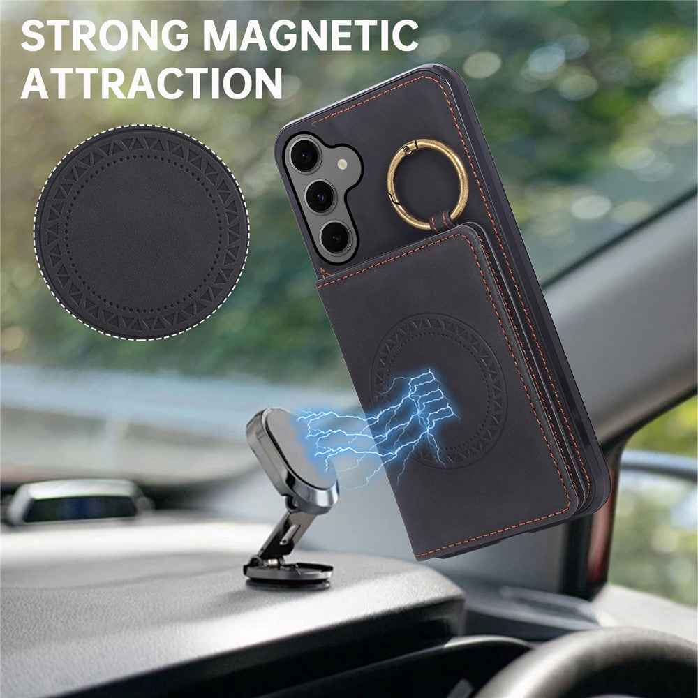 For Samsung Galaxy A57 5G Case Card Holder Kickstand Leather + TPU Phone Cover with Ring Holder - Black