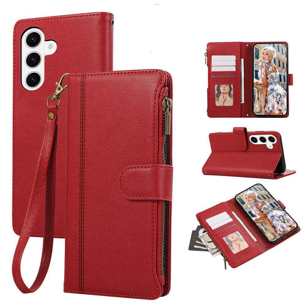 For Samsung Galaxy A57 5G Case Multi Card Slots Zipper Leather Phone Cover with Wrist Strap - Red