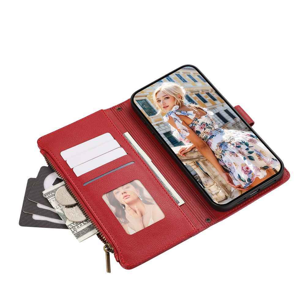 For Samsung Galaxy A57 5G Case Multi Card Slots Zipper Leather Phone Cover with Wrist Strap - Red