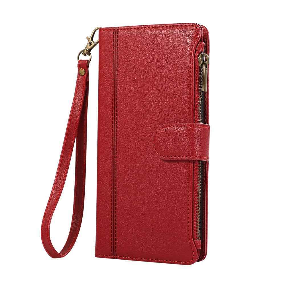 For Samsung Galaxy A57 5G Case Multi Card Slots Zipper Leather Phone Cover with Wrist Strap - Red