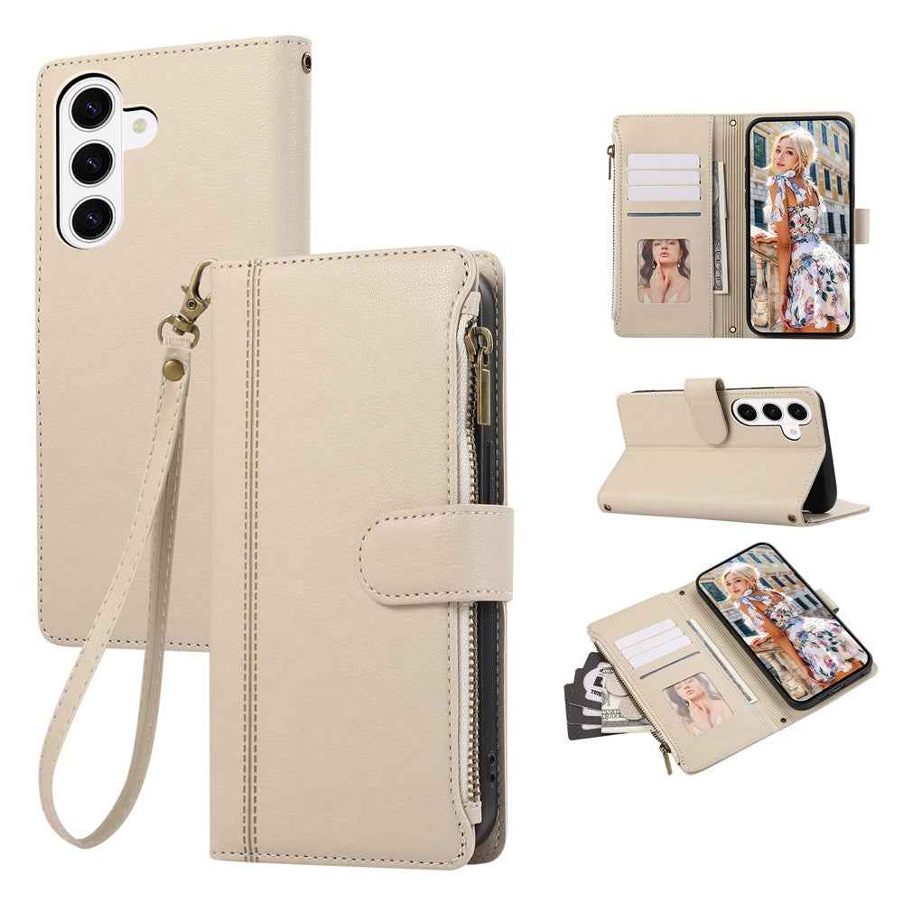 For Samsung Galaxy A57 5G Case Multi Card Slots Zipper Leather Phone Cover with Wrist Strap - Beige