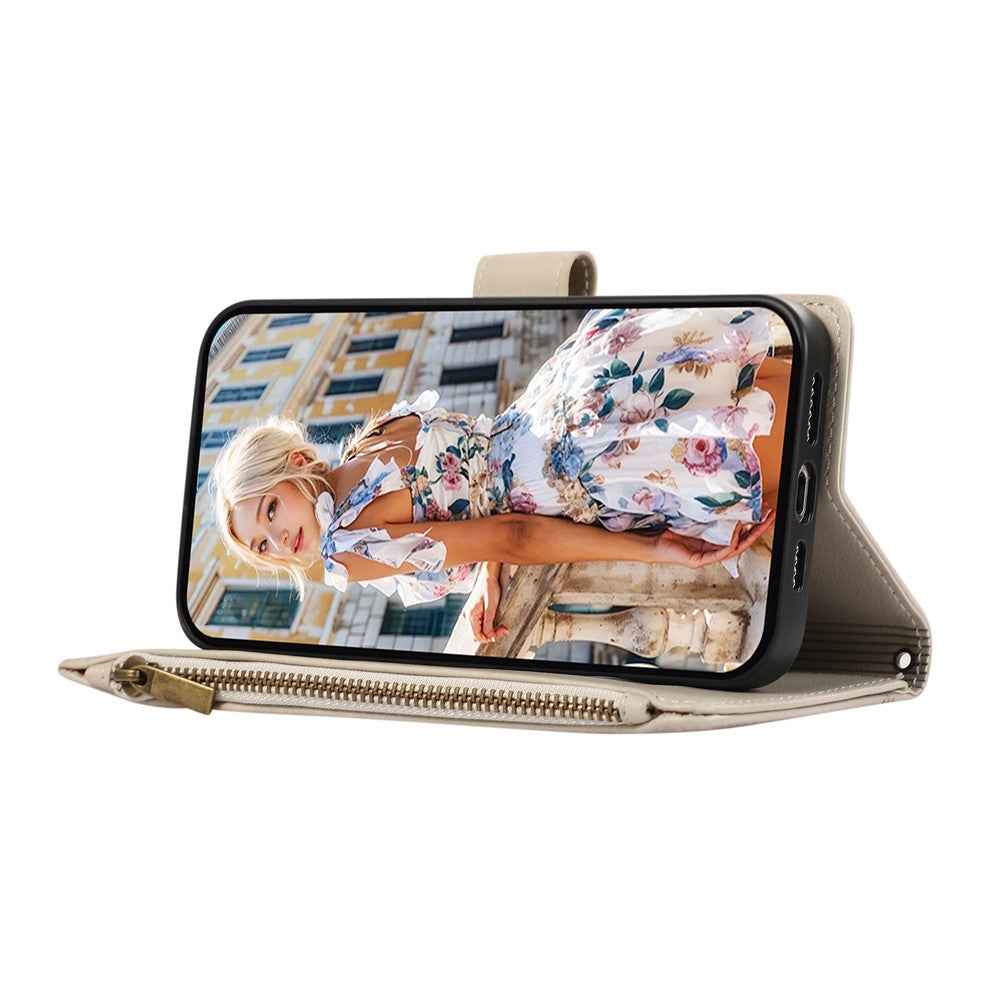 For Samsung Galaxy A57 5G Case Multi Card Slots Zipper Leather Phone Cover with Wrist Strap - Beige