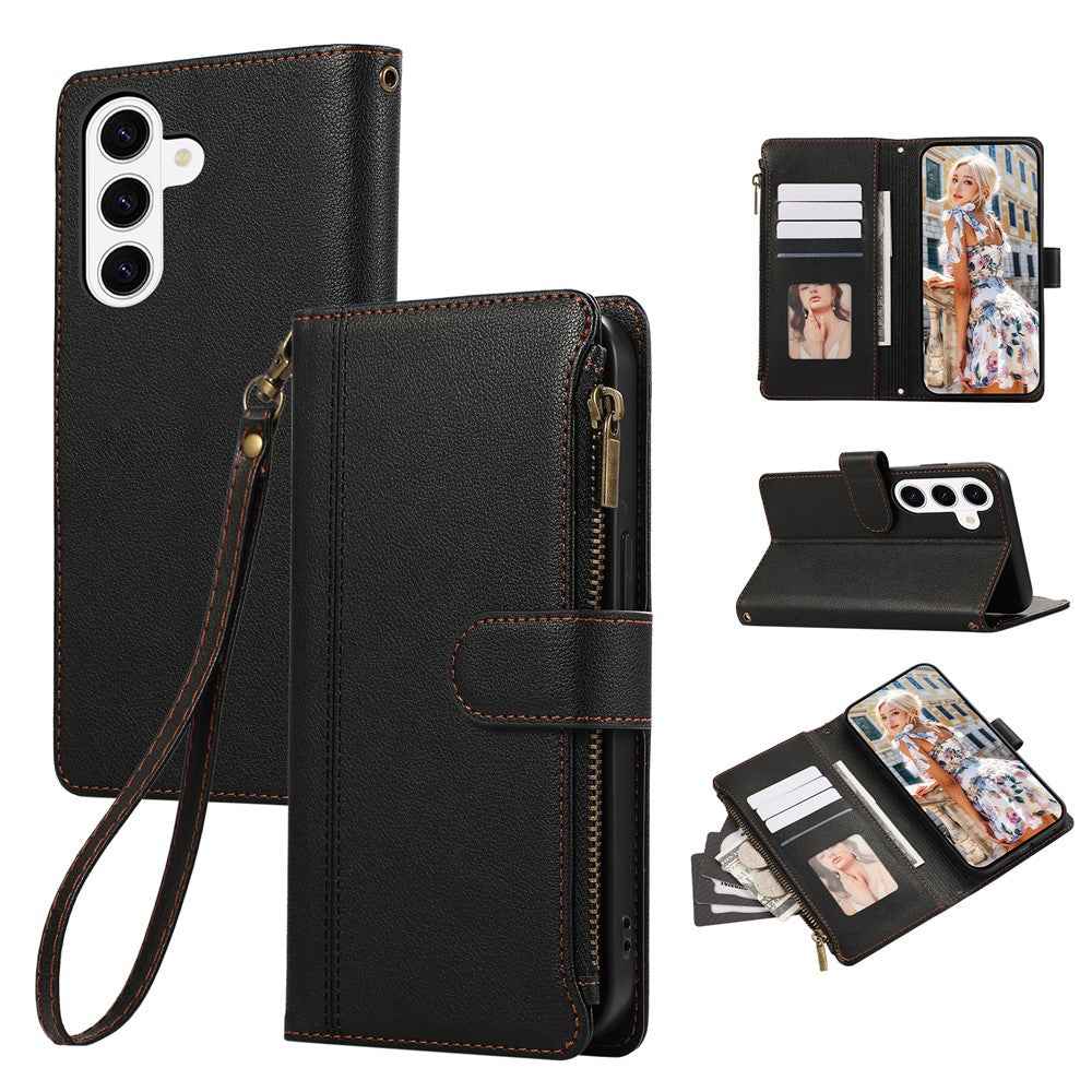 For Samsung Galaxy A57 5G Case Multi Card Slots Zipper Leather Phone Cover with Wrist Strap - Black