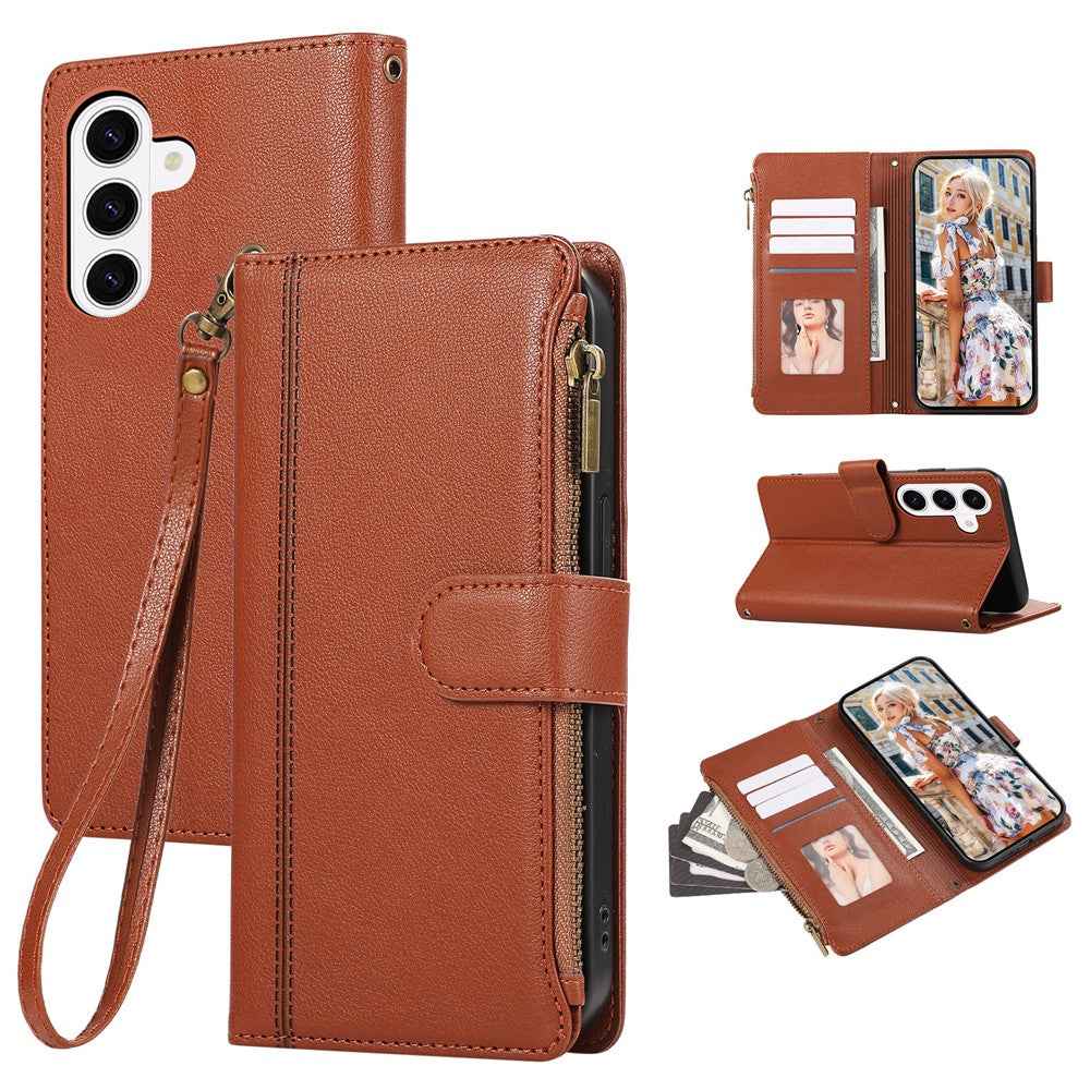 For Samsung Galaxy A57 5G Case Multi Card Slots Zipper Leather Phone Cover with Wrist Strap - Brown