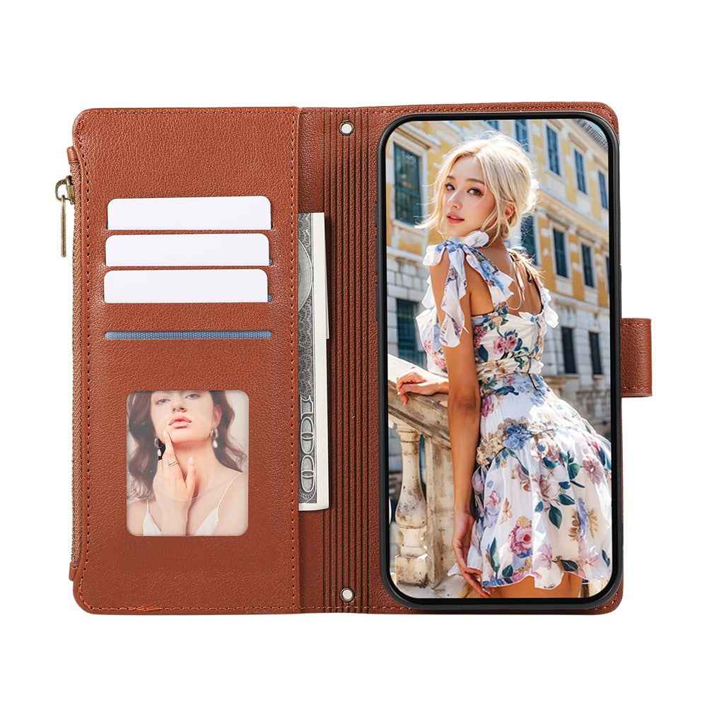 For Samsung Galaxy A57 5G Case Multi Card Slots Zipper Leather Phone Cover with Wrist Strap - Brown
