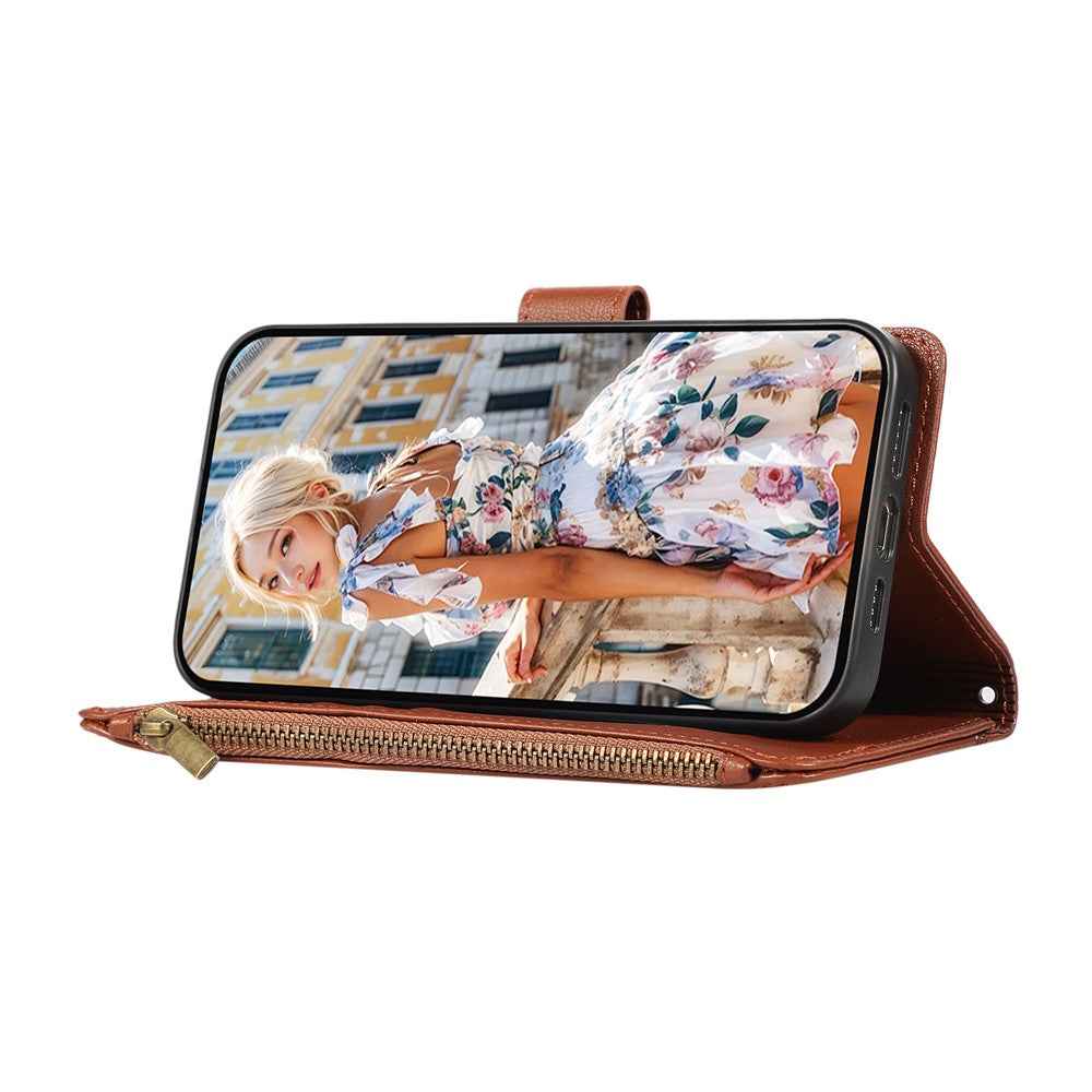 For Samsung Galaxy A57 5G Case Multi Card Slots Zipper Leather Phone Cover with Wrist Strap - Brown