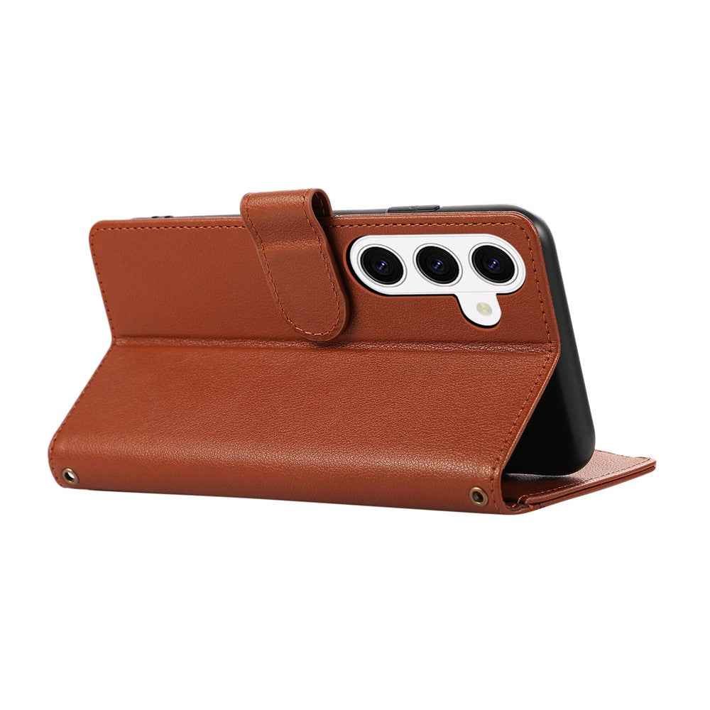 For Samsung Galaxy A57 5G Case Multi Card Slots Zipper Leather Phone Cover with Wrist Strap - Brown