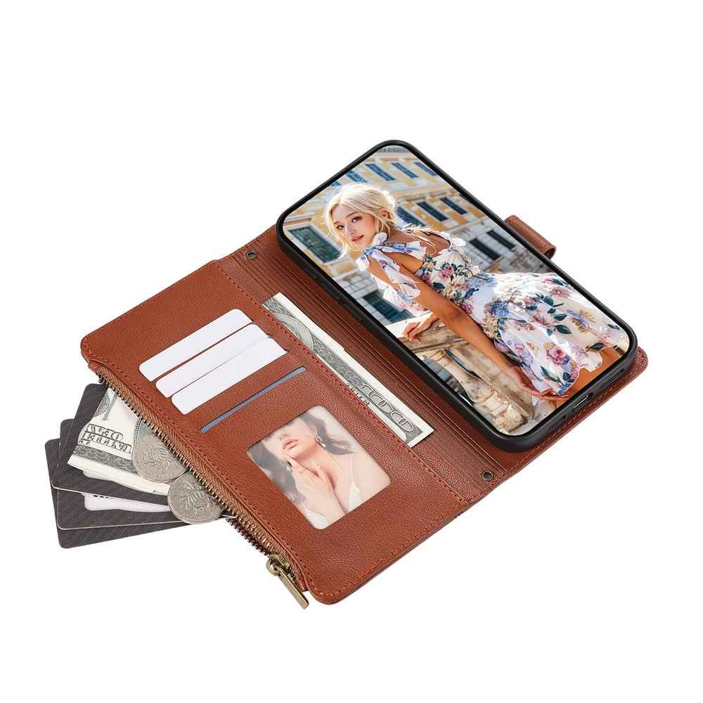 For Samsung Galaxy A57 5G Case Multi Card Slots Zipper Leather Phone Cover with Wrist Strap - Brown