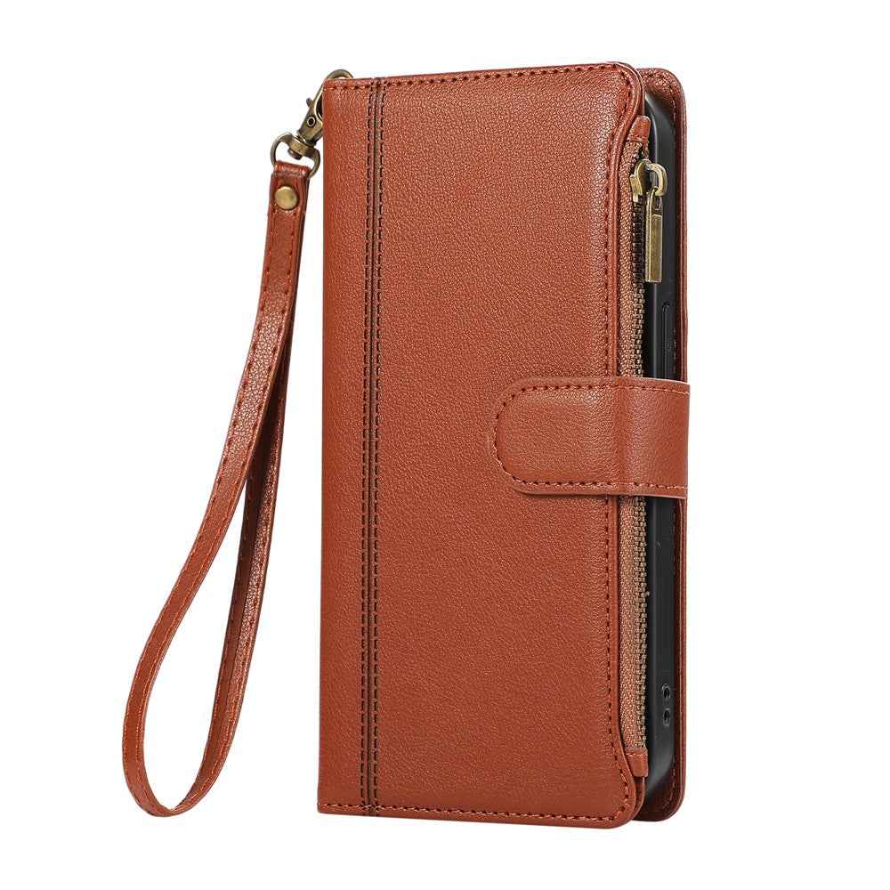 For Samsung Galaxy A57 5G Case Multi Card Slots Zipper Leather Phone Cover with Wrist Strap - Brown