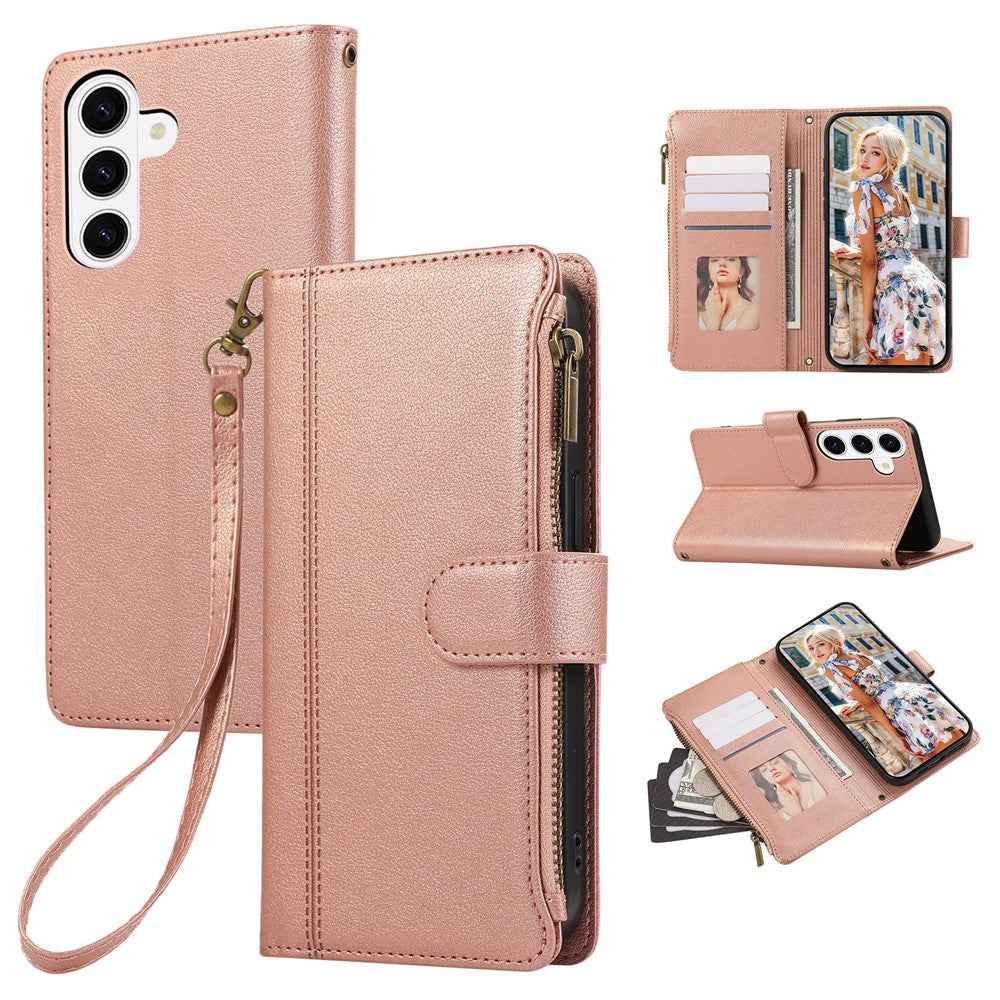 For Samsung Galaxy A57 5G Case Multi Card Slots Zipper Leather Phone Cover with Wrist Strap - Rose Gold