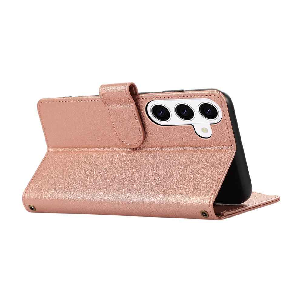 For Samsung Galaxy A57 5G Case Multi Card Slots Zipper Leather Phone Cover with Wrist Strap - Rose Gold