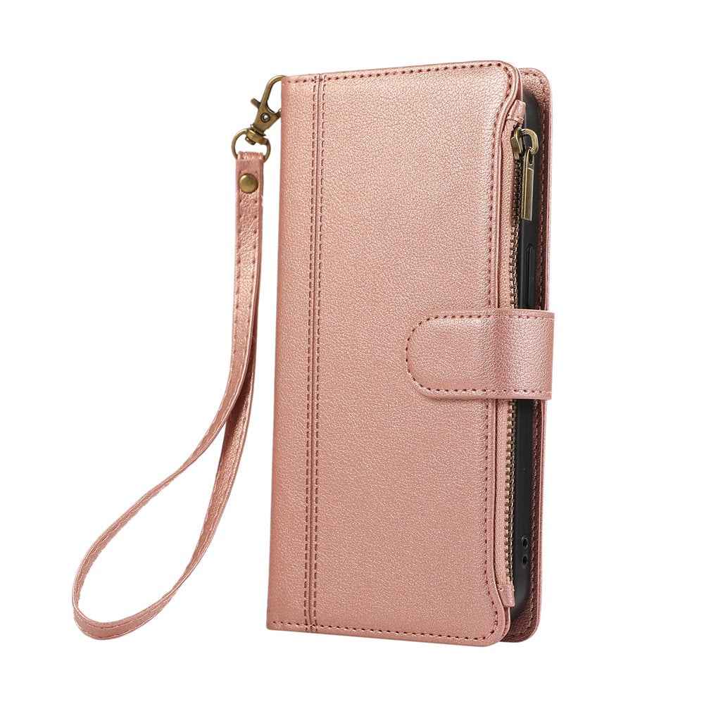 For Samsung Galaxy A57 5G Case Multi Card Slots Zipper Leather Phone Cover with Wrist Strap - Rose Gold