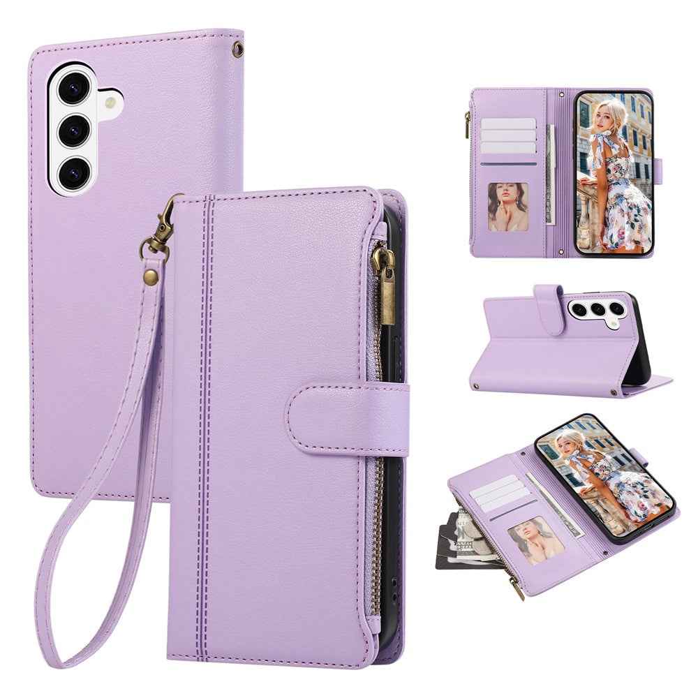 For Samsung Galaxy A57 5G Case Multi Card Slots Zipper Leather Phone Cover with Wrist Strap - Purple
