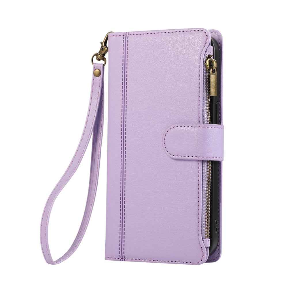 For Samsung Galaxy A57 5G Case Multi Card Slots Zipper Leather Phone Cover with Wrist Strap - Purple