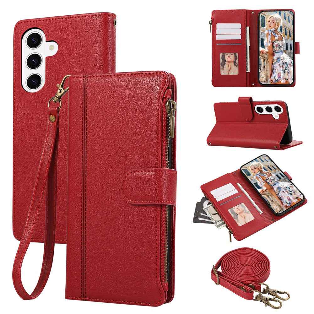 For Samsung Galaxy A57 5G Case Multi Card Slots Zipper Leather Phone Cover with Shoulder Strap  /  Wrist Strap - Red