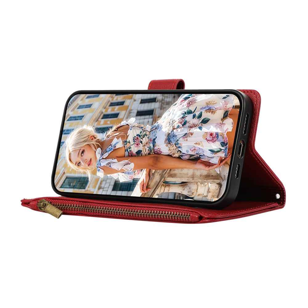For Samsung Galaxy A57 5G Case Multi Card Slots Zipper Leather Phone Cover with Shoulder Strap  /  Wrist Strap - Red