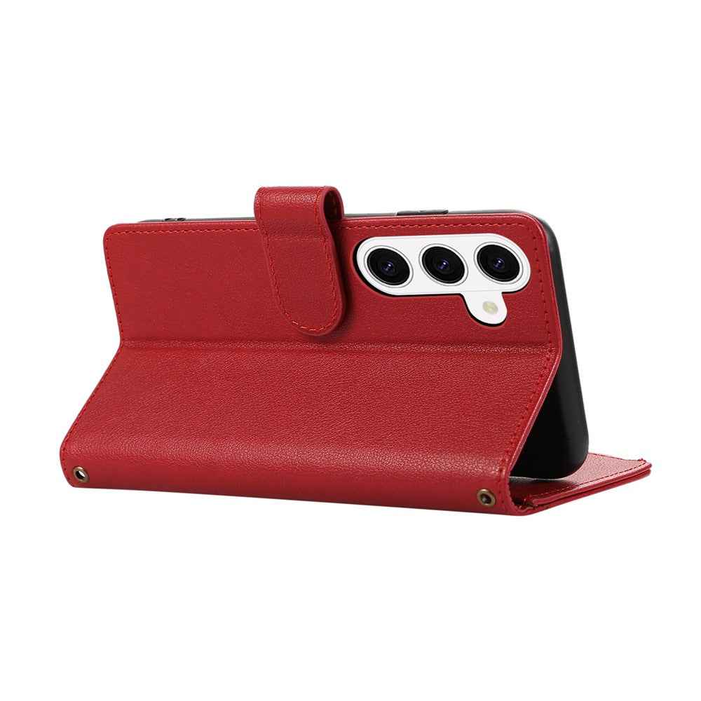 For Samsung Galaxy A57 5G Case Multi Card Slots Zipper Leather Phone Cover with Shoulder Strap  /  Wrist Strap - Red