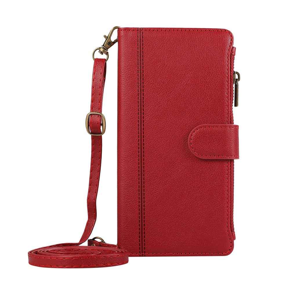 For Samsung Galaxy A57 5G Case Multi Card Slots Zipper Leather Phone Cover with Shoulder Strap  /  Wrist Strap - Red