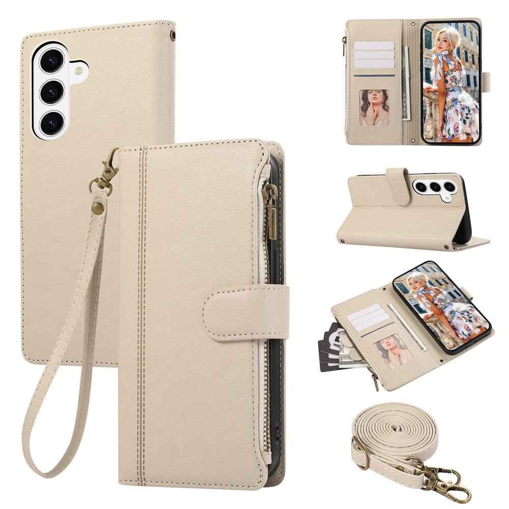 For Samsung Galaxy A57 5G Case Multi Card Slots Zipper Leather Phone Cover with Shoulder Strap  /  Wrist Strap - Beige
