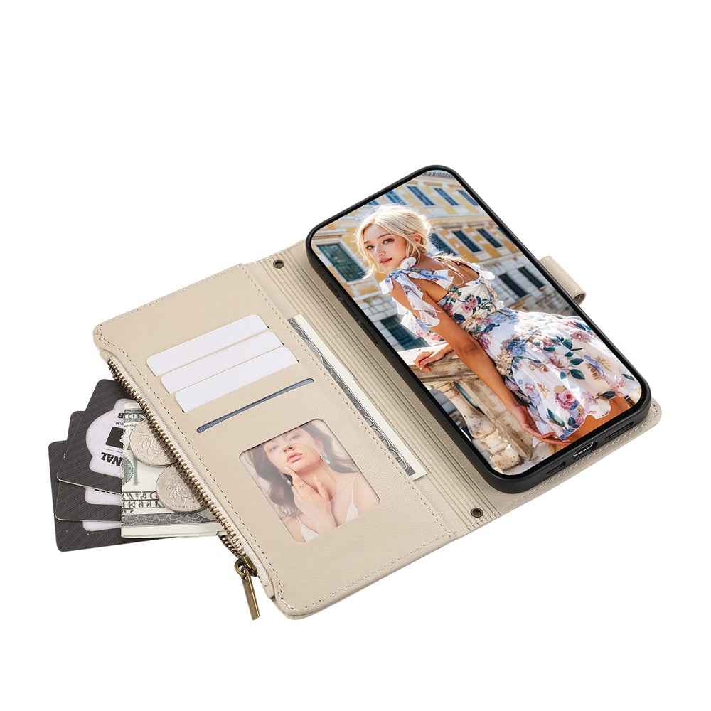 For Samsung Galaxy A57 5G Case Multi Card Slots Zipper Leather Phone Cover with Shoulder Strap  /  Wrist Strap - Beige