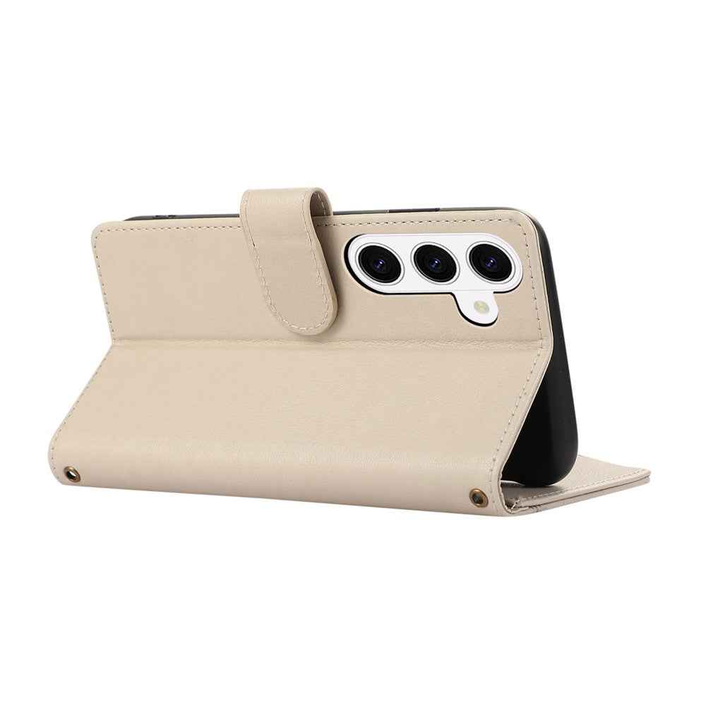 For Samsung Galaxy A57 5G Case Multi Card Slots Zipper Leather Phone Cover with Shoulder Strap  /  Wrist Strap - Beige