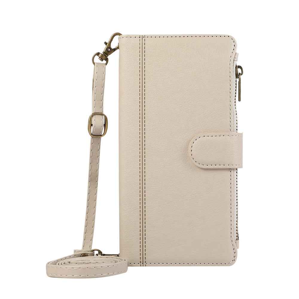 For Samsung Galaxy A57 5G Case Multi Card Slots Zipper Leather Phone Cover with Shoulder Strap  /  Wrist Strap - Beige
