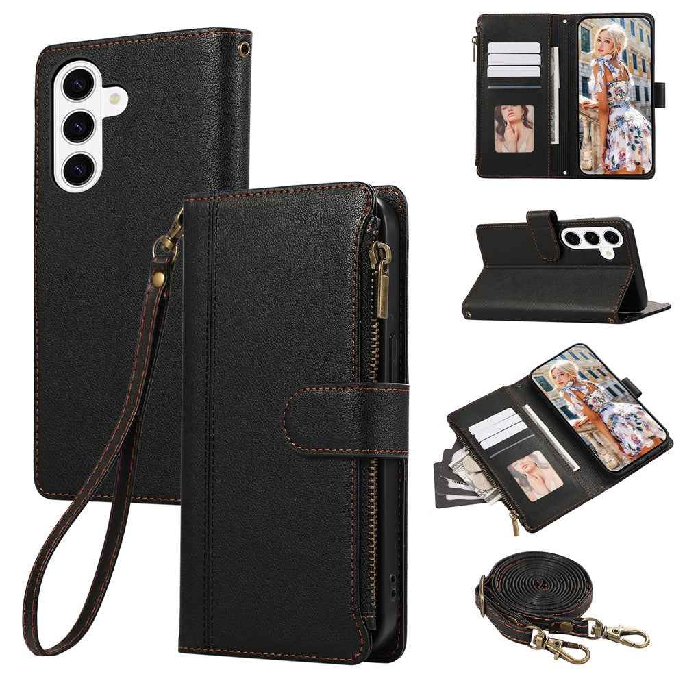 For Samsung Galaxy A57 5G Case Multi Card Slots Zipper Leather Phone Cover with Shoulder Strap  /  Wrist Strap - Black