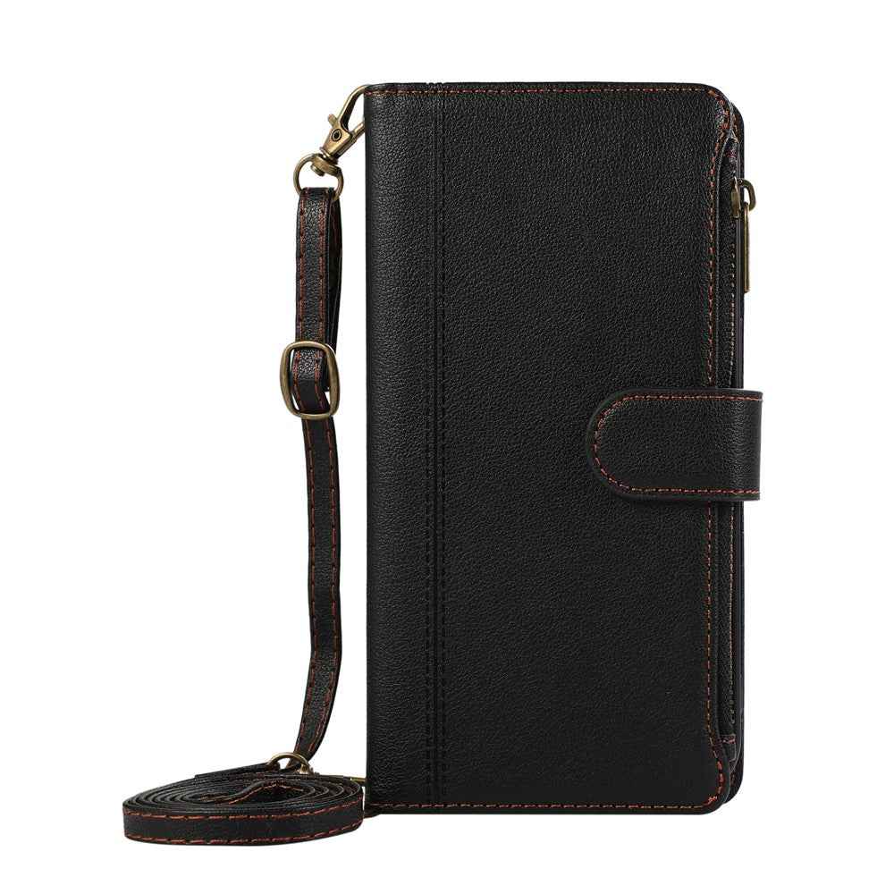 For Samsung Galaxy A57 5G Case Multi Card Slots Zipper Leather Phone Cover with Shoulder Strap  /  Wrist Strap - Black