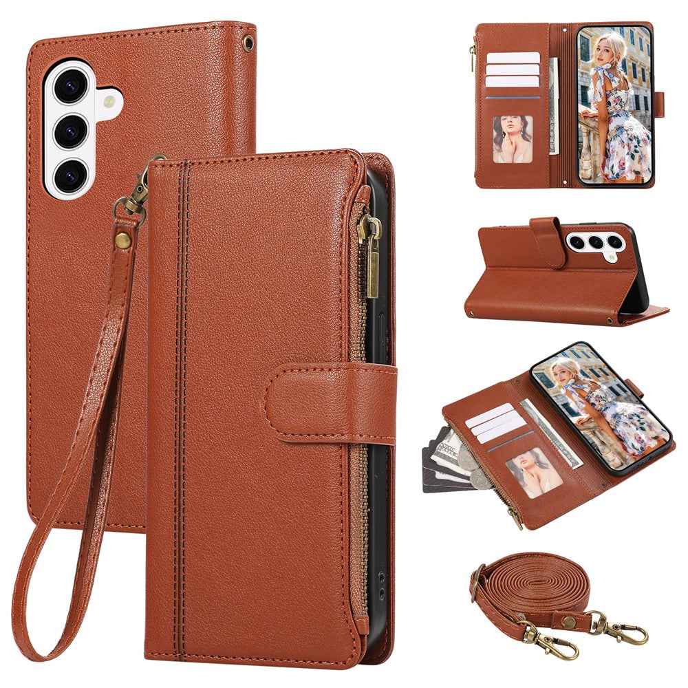 For Samsung Galaxy A57 5G Case Multi Card Slots Zipper Leather Phone Cover with Shoulder Strap  /  Wrist Strap - Brown